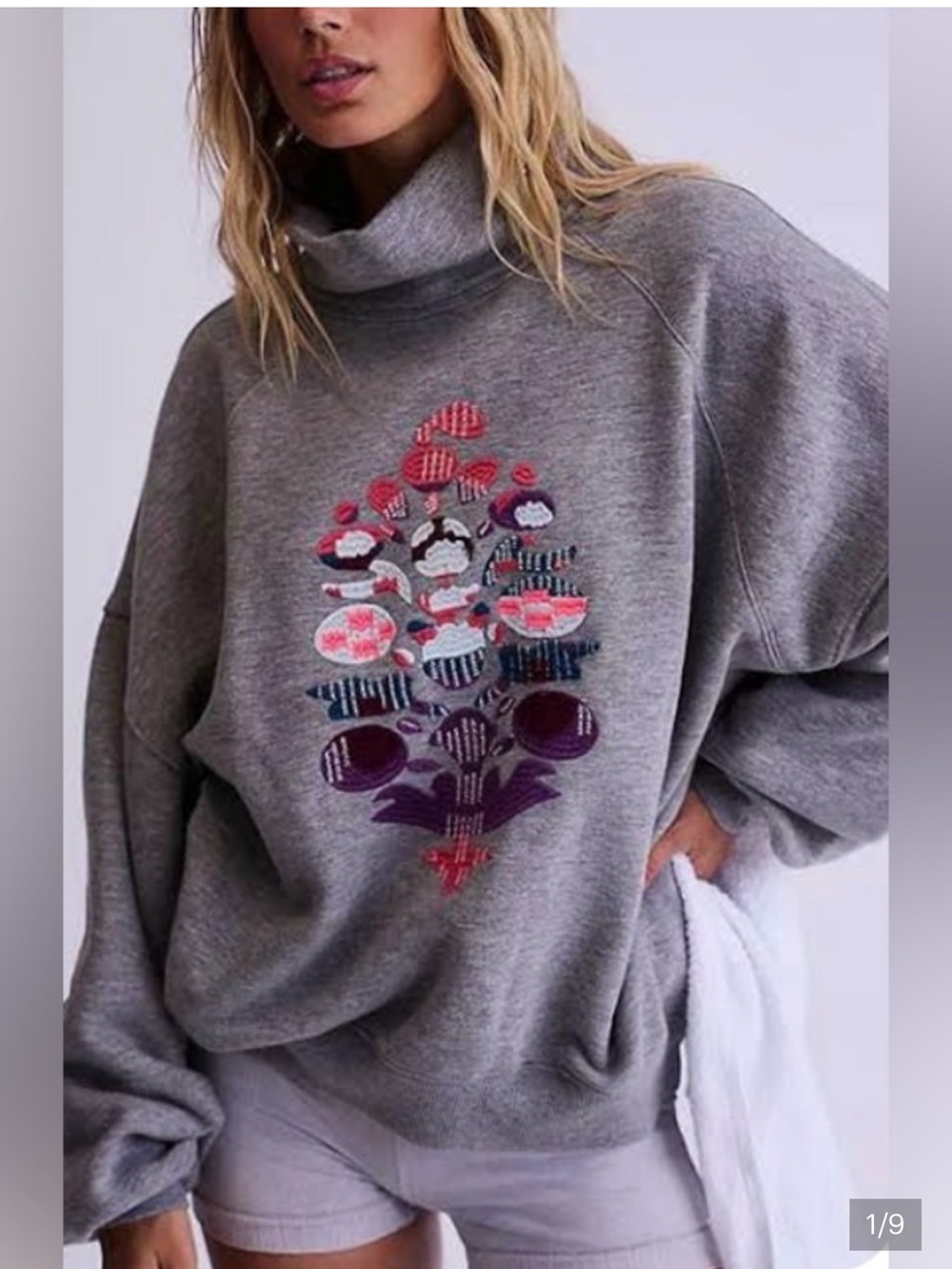 FREE PEOPLE! Gray Embroidered high neck Sweatshirt - stunning! New! XS